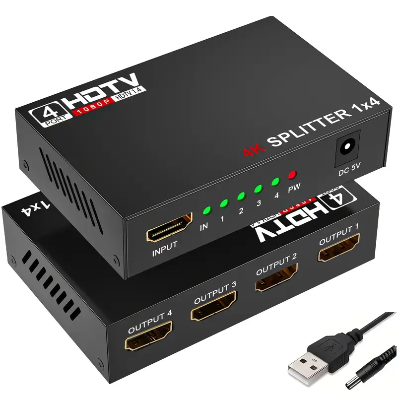 1x4 HDTV Video Splitter wi... 1x4 HDTV Video Splitter with 4K/2K/3D Support, 1080P HD, 4-Port HDTV Video Splitter for TV, Monitor, Computer, DVD, Projector - Multi-Port Display, No Battery Needed, HDTV Splitter for TV, Projector, Home Entertainment, Modern Design, Highquality Connectors, Tv Signal Finder, Tv Signal Booster, Tv Signal Box, HDTV Splitter, Video Mixer